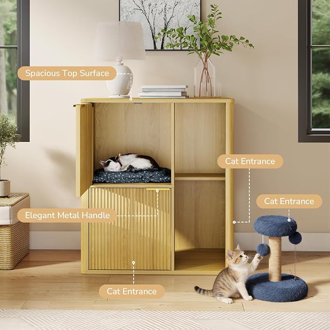 Rovibek Double Cat Litter Box Enclosure Furniture, Fluted Hidden Litter Box Enclosure for 2 Cats with Double Room, Mid Century Dual Cat Litter Cabinet with Scratching Post, Dangling Ball, Natural