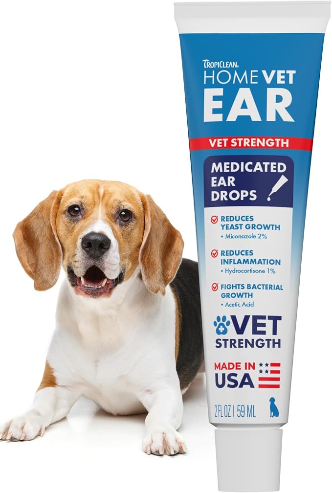 TropiClean HomeVet Medicated Ear Drops for Dogs, Vet Recommended Yeast & Fungal Treatment, Daily Dog Ear Cleaner, USA Made, 2 oz