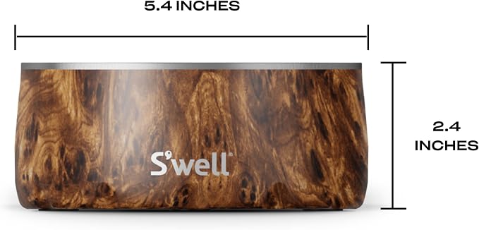 S'well Stainless Steel Pet Bowl, 16oz, Teakwood, for Small to Medium Size Dogs, Mess Free Design with Non Slip Rubber Bottom, Dishwasher Safe, BPA Free