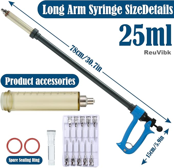 25ML Livestock Iong Shot Pole Syringe, Cattle Syringe Gun | with Luer Lock 5 Gears Adjustable Continuous Repeating Veterinary Vaccine Injector for Cattle, Horses, Sheep & Pigs
