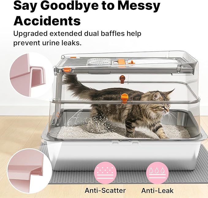 Stainless Steel Litter Box with Flip Lid, XL Extra Large Cat Litter Box with High Sided Top Entry Design, Anti-Leakage Enclosed Metal Litterbox for Big Cats, with Handle, Mat, Pedal & Scoop, Pink