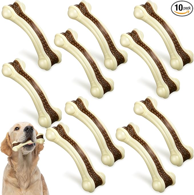 Sosation 10 Pcs Dog Chew Toys for Aggressive Chewers Nylon Beef Flavor Dog Bones Tough Puppy Teething Toys Puppy Chew Bones for Large/Medium/Small Breed Dogs Puppies (6.3 x 2.17 Inch)
