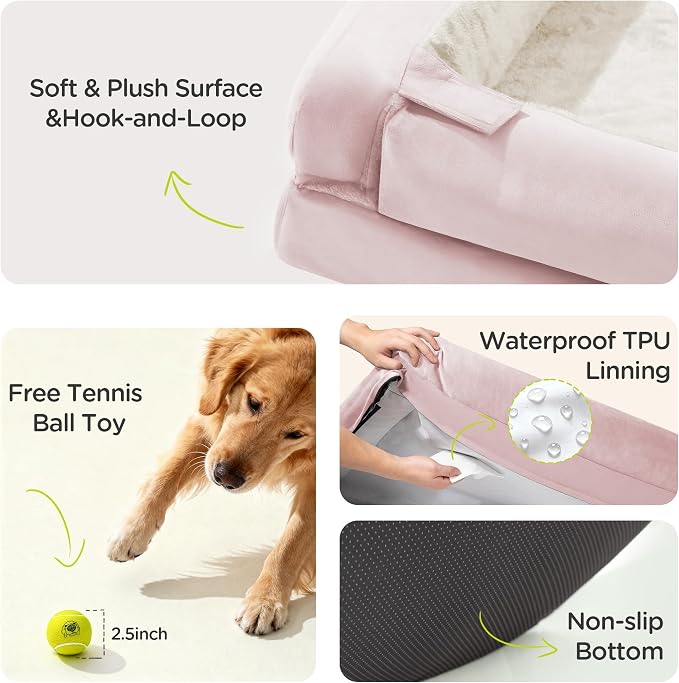 Orthopedic Memory Foam Dog Bed, 45 x 35, Waterproof for Large Dogs | Removable, washable cover • Waterproof memory foam liner • Bolstered couch design for joint relief • Includes tennis ball toy