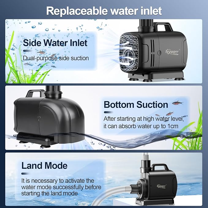 hygger 2-in-1 1585GPH Submersible Pump 105W,Side and Bottom Suction Fountain Water Pump with 15.8ft High Lift,Water Change with 4 Interchangeable Nozzles for Aquarium, Fish Tank, Hydroponics,Pond