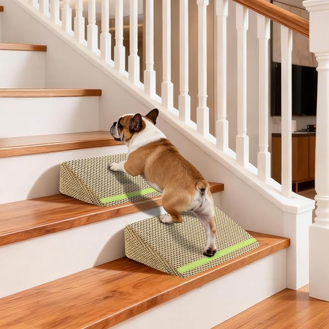 JoyBlooms Upgraded Dog Ramp for Stairs for Small & Senior Dogs Cats, 40D Density Foam Gentle 30° Slope Non-Slip Dog Stair Ramp with Glow Strip, Pet Ramp with Removable Washable Cover, Brown-2pcs