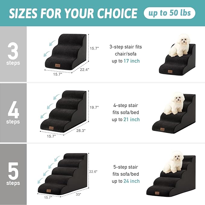 COZY KISS Dog Stairs for Small Dogs 19.7" H, Curved Dog Step for Puppy, Older or Cat, Medium Pet Ramp for Sofa, Couch or Bed, Ladder with High Density Foam, 4 Step, 15.7x28.3x19.7 inch, Black