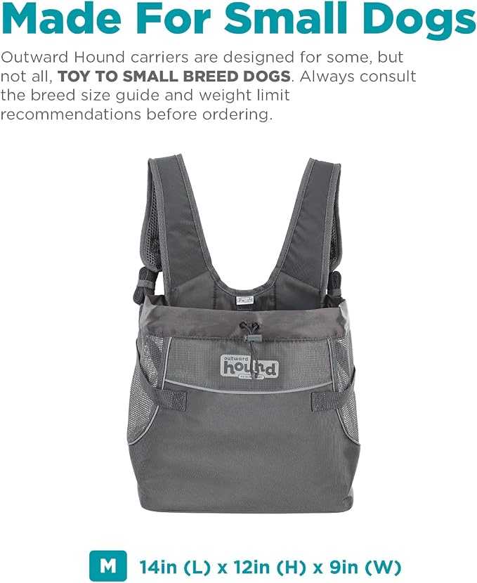 Outward Hound PupPak Dog Front Carrier, Medium, Grey – Hands-Free Hiking & Camping Pet Backpack for Small Pets up to 20 lbs, Padded Straps, Breathable Mesh, Water-Resistant, Safety Clip