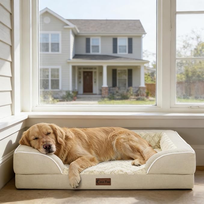 Orthopedic Dog Beds for Extra Large Sized Dogs 45x35 Inch, XL Waterproof Egg Crate Foam Dog Sofa Bed with Removable Washable Cover Big Pet Couch with Bolster & Non-Slip Bottom, Beige