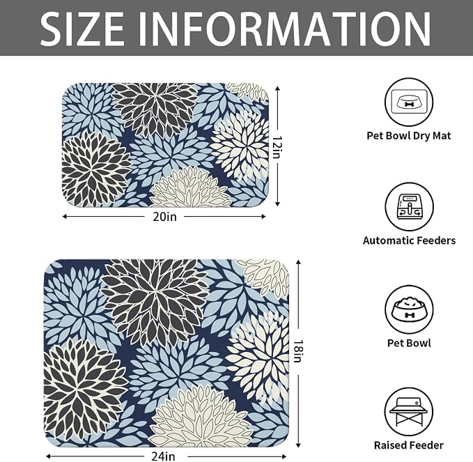 Dog Food Mats 2 Pack for Floors, Absorbent and Quick-Drying Pet Cat Food Mat,Anti-Fouling and Easy-to-Clean Pet Feeding Mat,Dog Bowl Mat for Messy Drinking Water Bowls 12"x 20"+18x24