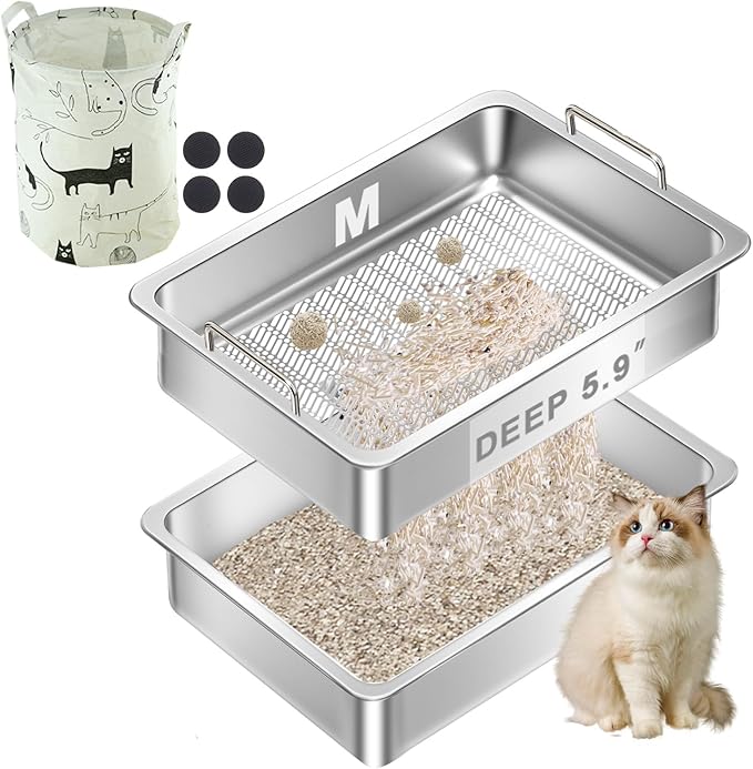 Stainless Steel Sifting Cat Litter Box for Clumping Clay Litter,Large Metal Litter Box with Litter Bag,Sifting Tray and Handle for Easy Lifting, Odor Control (17.7"x13.7"x5.9")