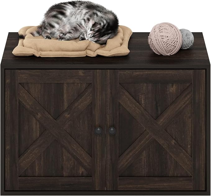 Furinno Peli Farmhouse Cat Litter Box Enclosure, Ebony