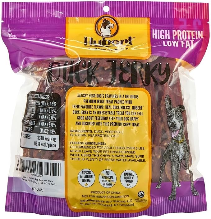 Hubert Pet Duck Jerky Dog Treats, Grain Free, High Protein, Low Fat, 2.5 lb