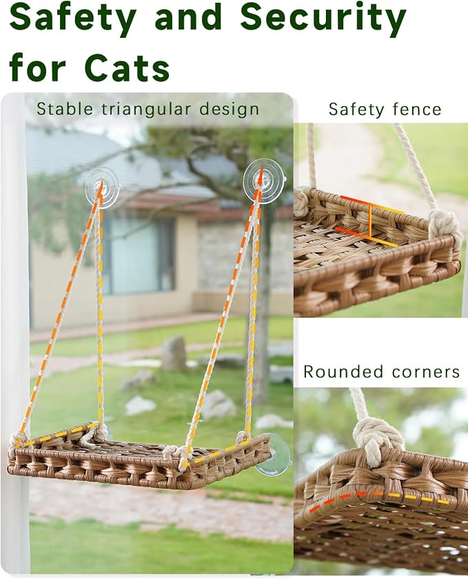 SETVSON Cat Window Perch Cat Window Hammock Bed for Indoor Cats, Large Handwoven PE Rattan Window Seat, 4 Suction Cups, Double Sided Washable Cushion Bed, 2.3 Inch Fence Shelf, for Pet Kittens Natural