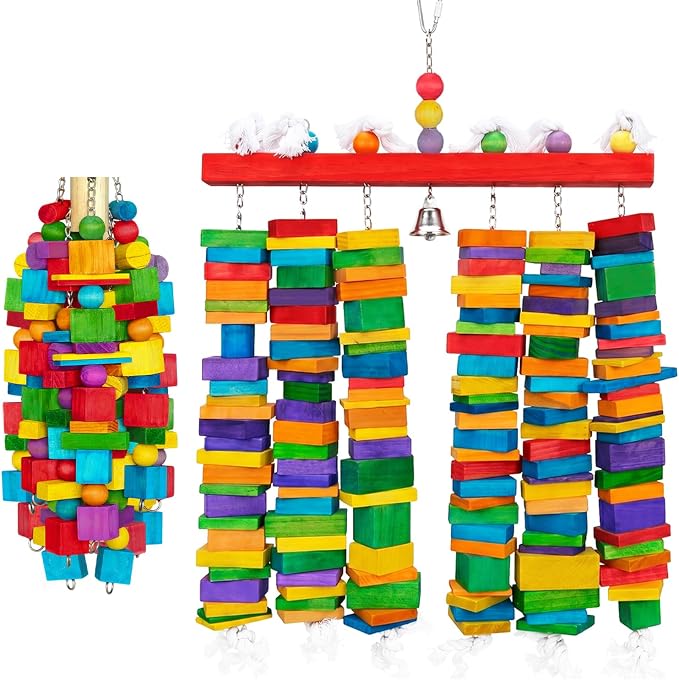 2 Pack Large Bird Toy 20 in +27.5 in Parrot Toys Natural Wood Blocks Bird Chew Toy for Foraging, Stainless Steel Chain Hanging Cage Toy for Macaws, Cockatoos, African Greys and Lar