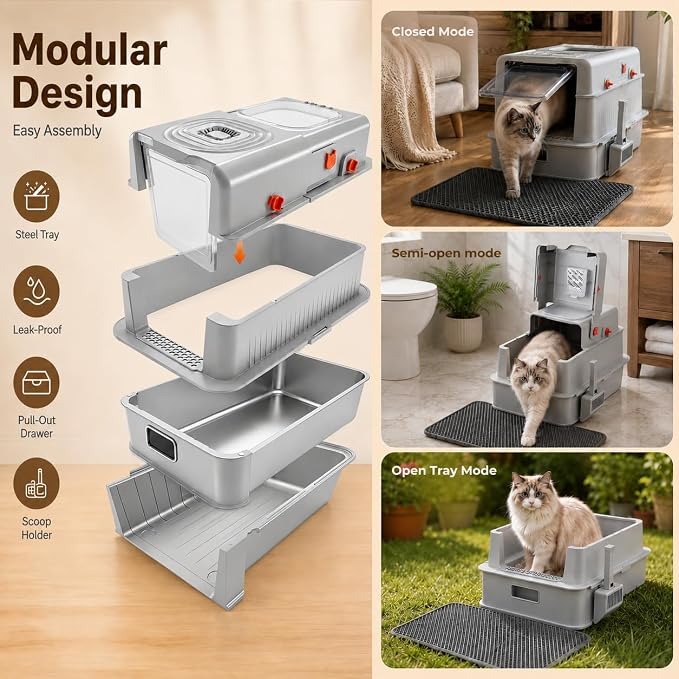 Stainless Steel Enclosed Cat Litter Box with Lid, Front & Top Entry, Drawer & Flip Cover Design, Odor Control Non-Stick Metal Litter Box, Spacious for Large Cats with Scoop and Mat,