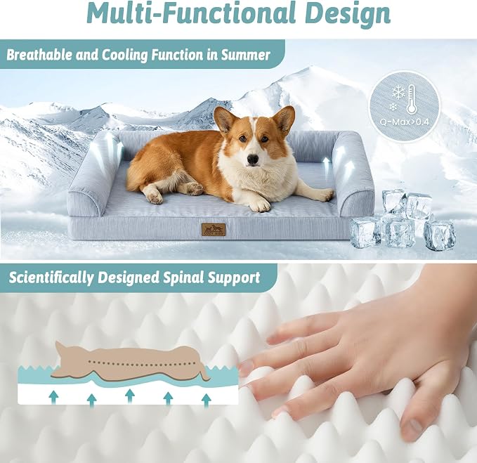 COZY KISS Cooling Dog Bed for Medium Dogs, 36"x27" Orthopedic Foam Sofa with Bolster Sides, Q-Max >0.4 Cooling Technology, Cool Pet Bed with Removable Washable Cover, Blue