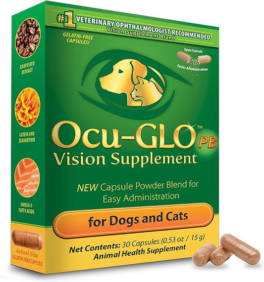 Ocu-GLO PB Vision Supplement for Small Dogs & Cats – Easy to Administer Powder Blend with Lutein, Omega-3 Fatty Acids, Grape Seed Extract and Antioxidants to Promote Eye Health, 30ct Sprinkle Capsules