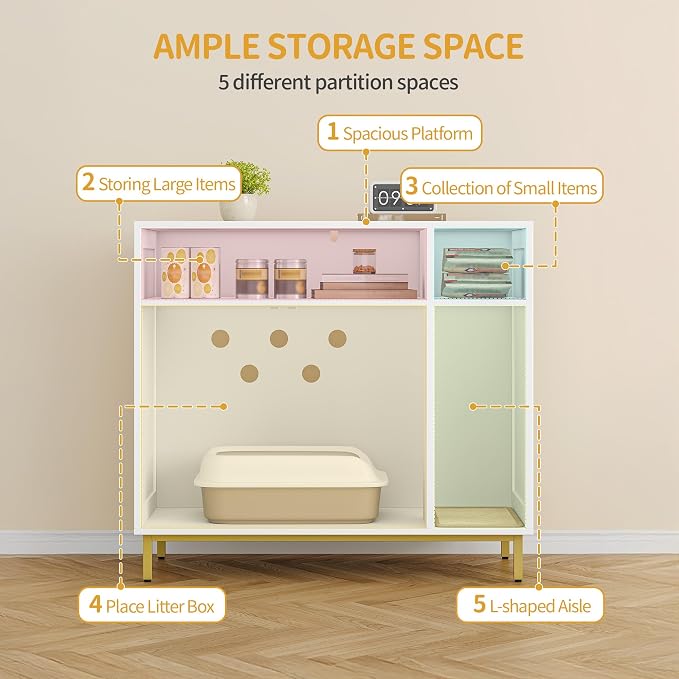 Hzuaneri Cat Litter Box Furniture, Hidden Cat Litter Box Enclosure with Storage, Wooden Cats Cabinet with Scratch Pad, Cats House, Modern End Table for Living Room Entryway, White and Gold CB89503G