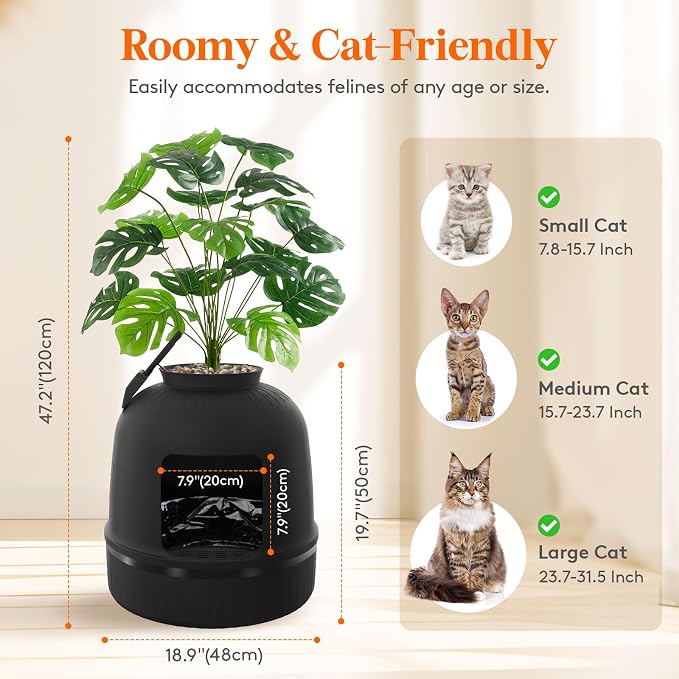 Lifewit Cat Litter Box, Hidden Enclosure Litter Tray with Odor Control & Carbon Filter in Living Room, Bedroom, Corner with Faux Plant& Plastic Scoop, Litter Liner, 48 x 120 cm/19x47, Black