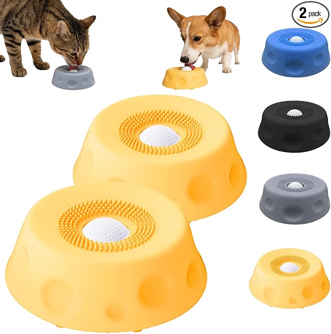 Dog Lick Bowl with Ball,Lick Ball Bowl for Dogs,Dog Licking Bowl with Rolling Ball,Slow Feeder Ball Bowl to Slow Pet Eating,Rolling Ball Dog Bowl Give Pet More Time to Enjoy Eating. (Yellow-2pcs)