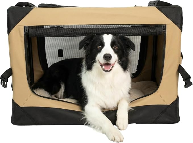 36 Inch Soft Collapsible Crate for Large Dogs, 4-Door Portable Foldable Soft Kennel with Chew Proof Mesh Windows for Indoor & Outdoor Travel Beige