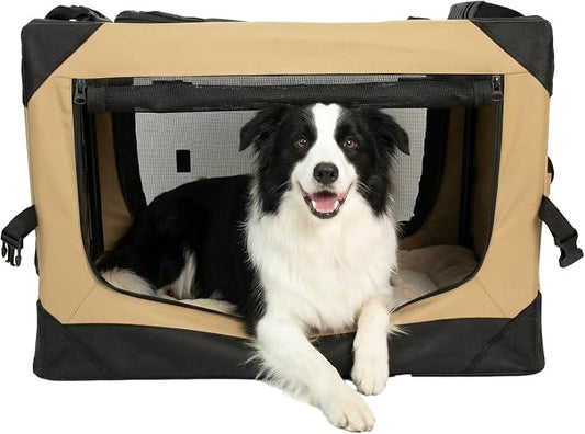 36 Inch Soft Collapsible Crate for Large Dogs, 4-Door Portable Foldable Soft Kennel with Chew Proof Mesh Windows for Indoor & Outdoor Travel Beige