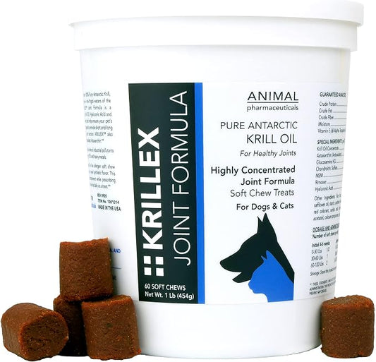 Animal Pharmaceuticals Krillex Joint Formula & Omega 3 Krill Oil for Dogs & Cats - Glucosamine for Dogs - Chondroitin, MSM, & Hyaluronic Acid for Joint Care - Cheese Flavor Chews - 60 ct, 1lb, 450g