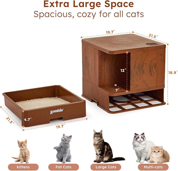 ZOMISIA Extra Large Cat Litter Box with Hallway, Hidden Litter Box Enclosure with Drawer, Lid Top Covered with Carbon Filter for Odor Control, Leakproof and Easy to Clean