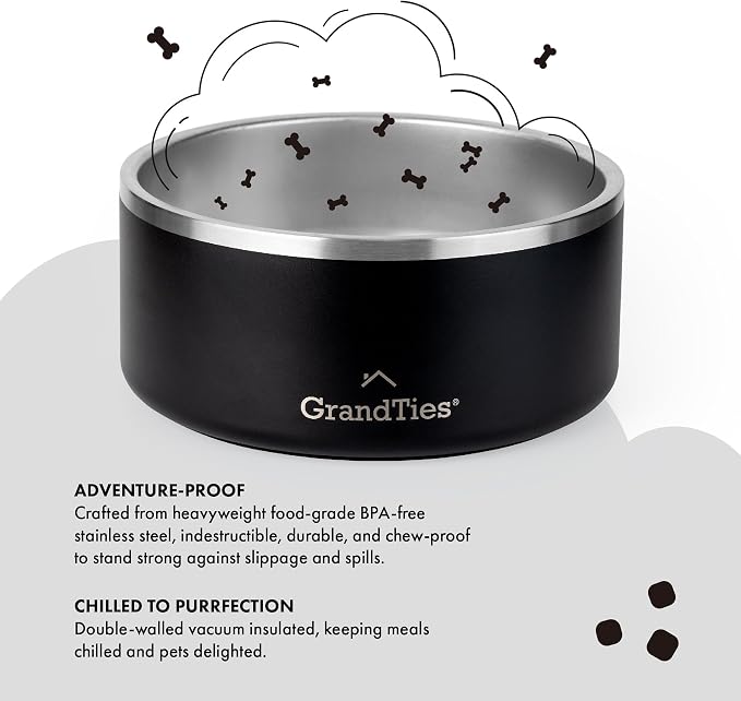 GrandTies Stainless Steel Dog Bowl | Engraved Reusable BPA-Free Insulated Cat & Dog Bowls | Large Heavy Duty Non Skid Spill Proof Bowl | Outdoor Dog Water Bowl (64oz, Midnight Black)