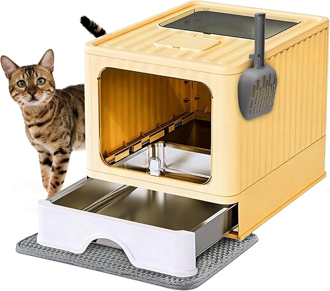 Stainless Steel Cat Litter Box with Lid, Top & Front Entry Enclosed Metal Litter Box, Large Covered Drawer Type Foldable Litter Pan with Litter Scoop & Mat, Easy to Clean, Odor Control (Yellow)