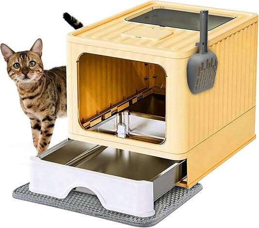 Stainless Steel Cat Litter Box with Lid, Top & Front Entry Enclosed Metal Litter Box, Large Covered Drawer Type Foldable Litter Pan with Litter Scoop & Mat, Easy to Clean, Odor Control (Yellow)