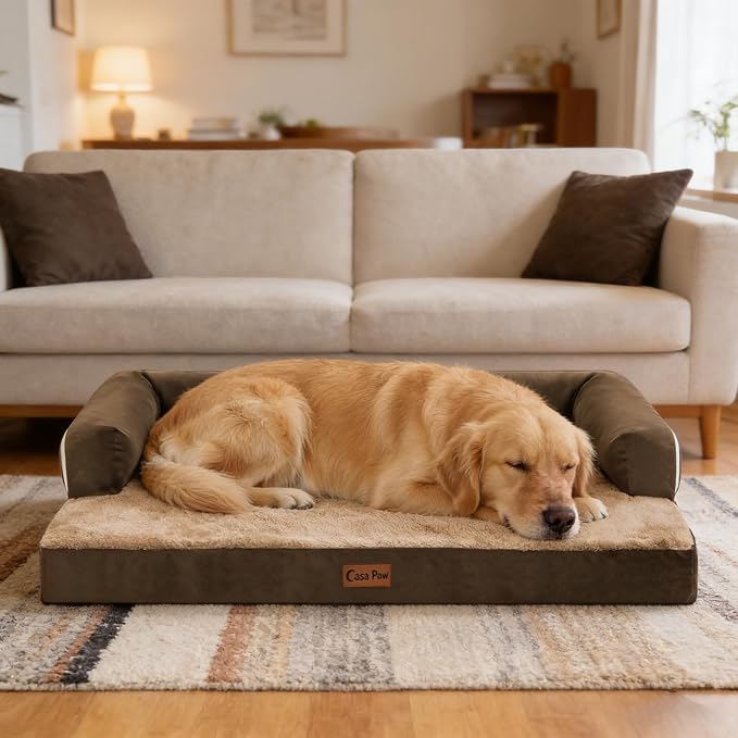 Orthopedic Dog Beds for Large Medium Sized Dogs, Waterproof Egg Crate Foam Large Dog Couch Beds with Comfy Bolster 36x27Inch, Washable Pet Beds with Removable Cover, Brown