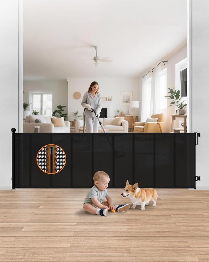 Retractable Baby Gate Extra Wide, 100" Wide Reinforced Mesh Pet Gate with 8 Support Rods, 34" Tall Extra Long Dog Gate for Family Rooms, Open Living Areas and Play Areas, Black