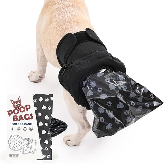 Reusable Dog Poop Pants with 50pcs Poop Bags, Adjustable Dogs Sanitary Pants for Incontinence & Outdoor Walking, Convenient Dog Poops Collection Pants for Senior and Disability Dogs S