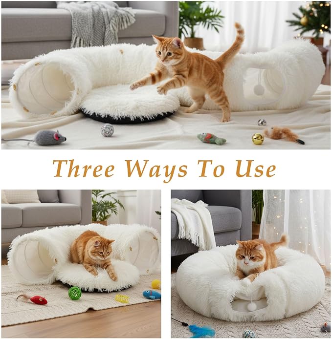 Thyle Christmas Cat Tunnel Bed Under Christmas Tree for Indoor Cats Xmas Pet Donut Tunnel with Cushion Foldable Round Pet Toy for Small Animals Kitten(3ft X 3ft X 9.8in,White,Plush)