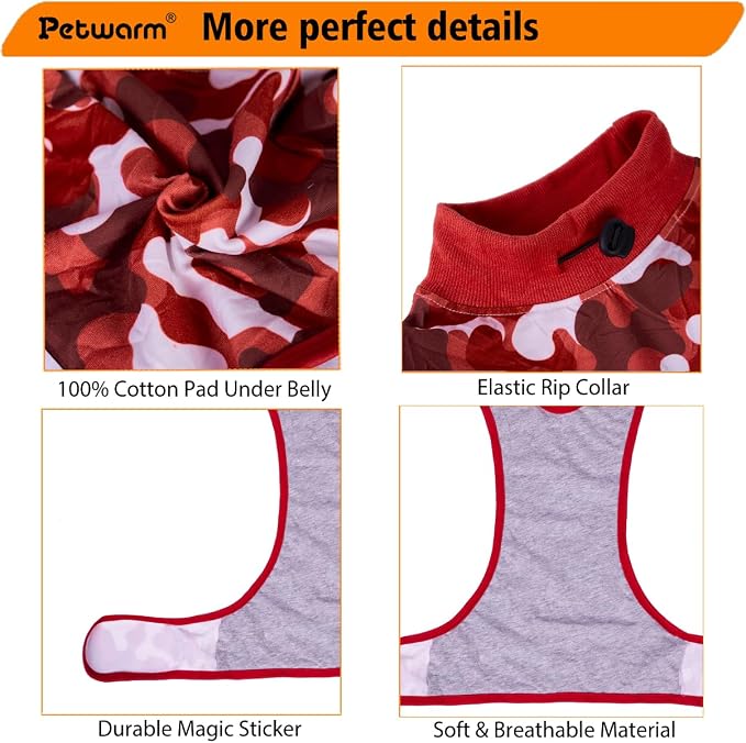 PetWarm Dog Cone Alternative, Dog Sweaters's Inner Clothes for Surgery Recovery Pet Surgical Pajamas Suit Female Male for Spay Neuter, Camouflage Pattern, Red, 2XL