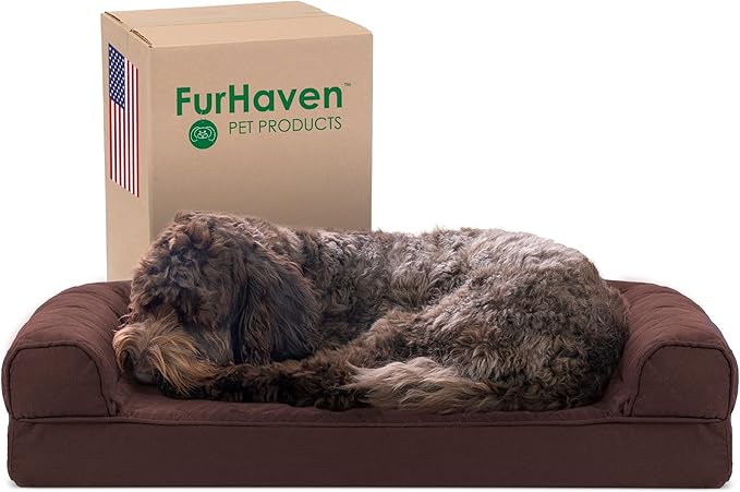 Furhaven Cooling Gel Dog Bed for Medium/Small Dogs w/ Removable Bolsters & Washable Cover, For Dogs Up to 35 lbs - Quilted Sofa - Coffee, Medium