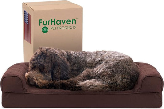Furhaven Cooling Gel Dog Bed for Medium/Small Dogs w/ Removable Bolsters & Washable Cover, For Dogs Up to 35 lbs - Quilted Sofa - Coffee, Medium