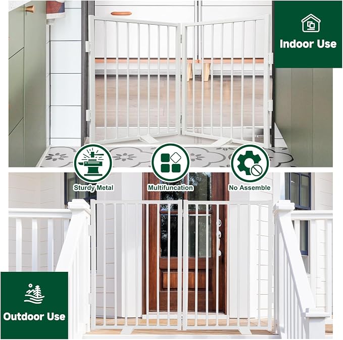 Snagle Paw Full Metal Freestanding Dog Gate,Indoor Pet Gate with Floor Protect Support Feet, 40x32 Inches Foldable Dog Fence for Stairs, Hallways and Doorways (32'' H 2 Panel, White