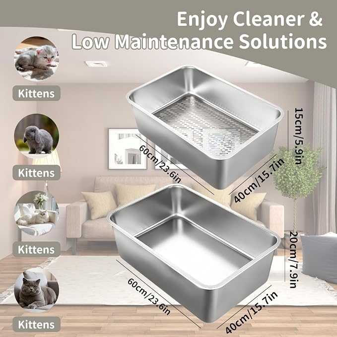 XL Stainless Steel Cat Sifting Litter Box 23.6“x15.7"x6" - Metal High Sided Open Top Litterbox Odor Control Non-Clumping with Scoop Litter Mat Trash Bag, Anti-Leakage, Less Tracking, Easy Cleaning