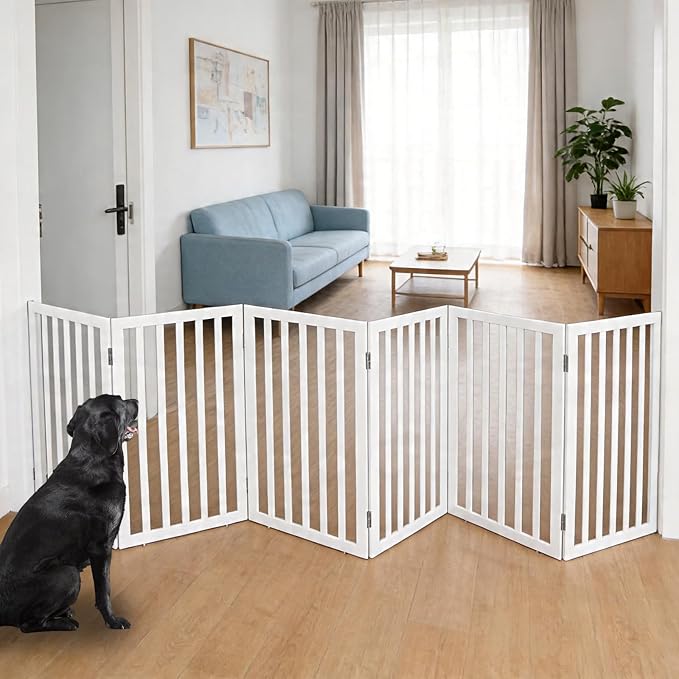 Dog Gate Indoor, Freestanding Dog Fence for The House, Doorways, Hallways,or Stairs,Pet Gate Foldable Wooden,Expandable 32" Height 6 Panels,White