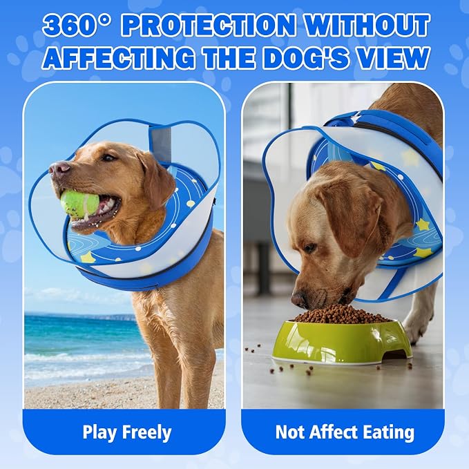 Inflatable Dog Donut Collar with Removable Clear Protective Shield, Soft Pet Recovery E-Collar for Dogs After Surgery, Adjustable Elizabethan Collar to Prevent Licking Biting Scratching (Blue, Medium)