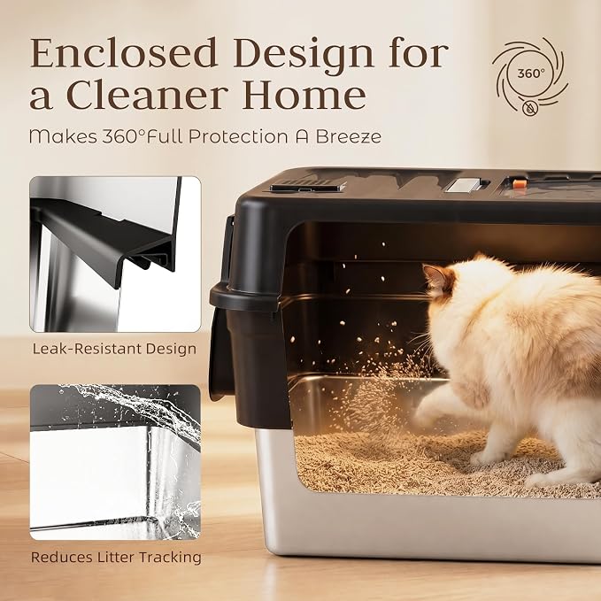 Jotesnew 2 Pack Extra Large Stainless Steel Litter Box with Lid, High Sided Enclosed Cat Litter Box for Multi-Cat Homes, Metal Cat Litter Pan, Dog Proof Front Entry Top Exit, Scoop Included, Black
