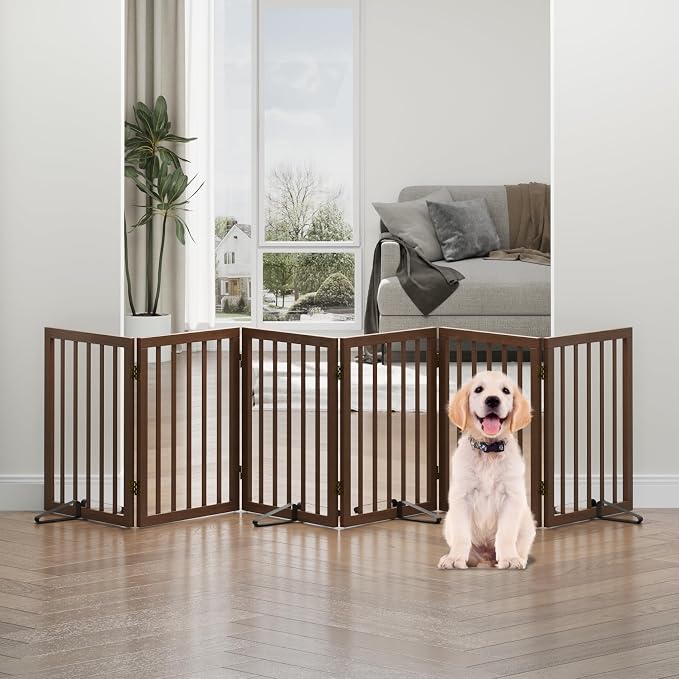Dog Gates for Doorways, Freestanding Foldable Dog Gate Indoor, Pet Gates for Doorways Bedroom, Puppy Gate with Metal Support Feet, 6 Panels (Rustic tan)