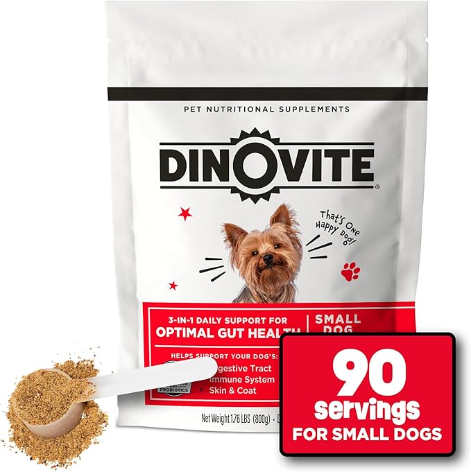 Dinovite Probiotics for Dogs, Probiotic Powder Food Topper for Small Dogs (1-18 lb), Daily Digestive Health & Skin Support with Omega-3s, 90 Servings