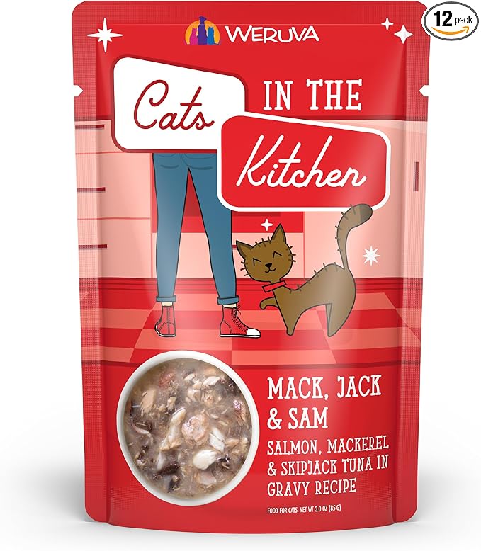 Weruva Cats in the Kitchen Mack, Jack & Sam with Mackerel, Skipjack & Salmon in Gravy Cat Food, 3oz Pouch (Pack of 12)