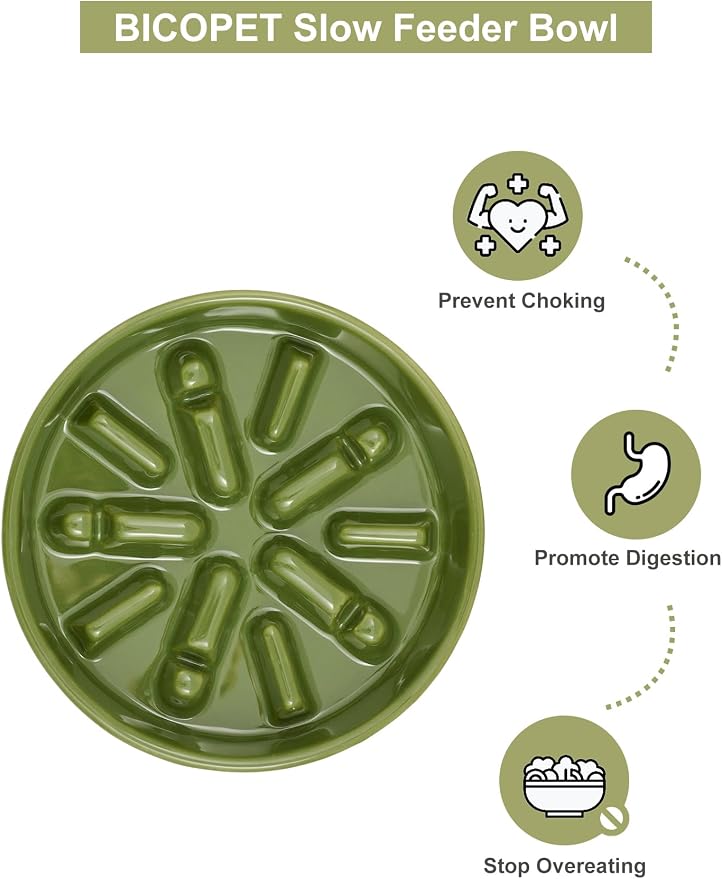 Ceramic Slow Feeder Dog Bowl, Maze Puzzle Non-Slip Silicone Base Stoneware Bowl for Small Medium Dogs, Heavy Duty Anti-Bloat Dog Food Bowl Dishwasher Safe – Green, Small