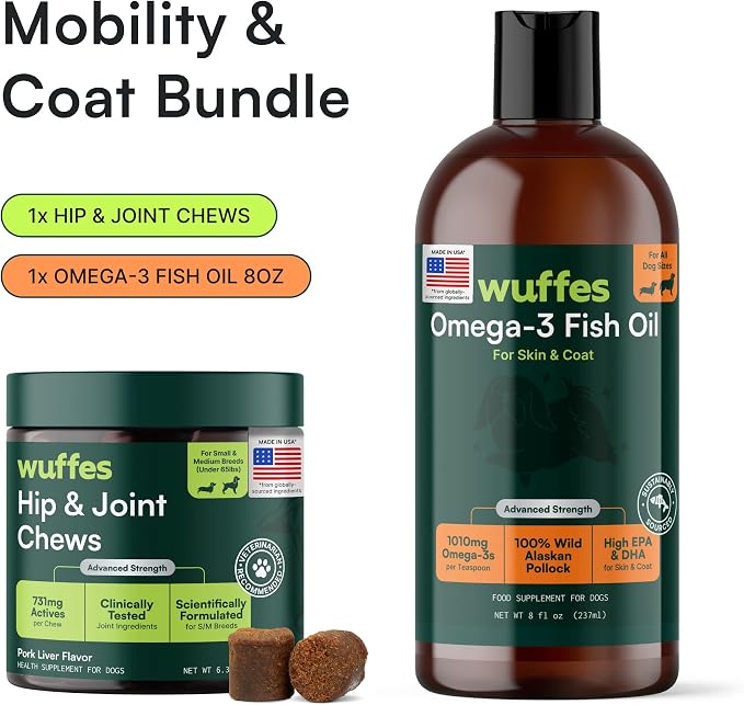Wuffes Hip & Joint Supplement and Advanced Omega 3 Fish Oil Bundle for Small and Medium Dogs