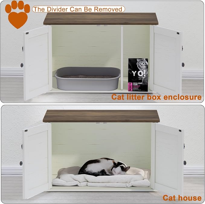 Timberer Cat Litter Box Enclosure, Litter Box Furniture Hidden with Removable Divider, Wooden Cat Washroom Furniture, Indoor Cat House, Rustic Brown and White