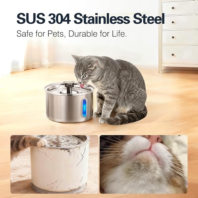 3L/101oz Stainless Steel Cat Water Fountain for Indoor Use - Ultra Quiet Automatic Cat Fountain for Drinking, BPA-Free Pet Water Dispenser for Cats/Small Dogs LED Window (2 Filters 2 Sponges)